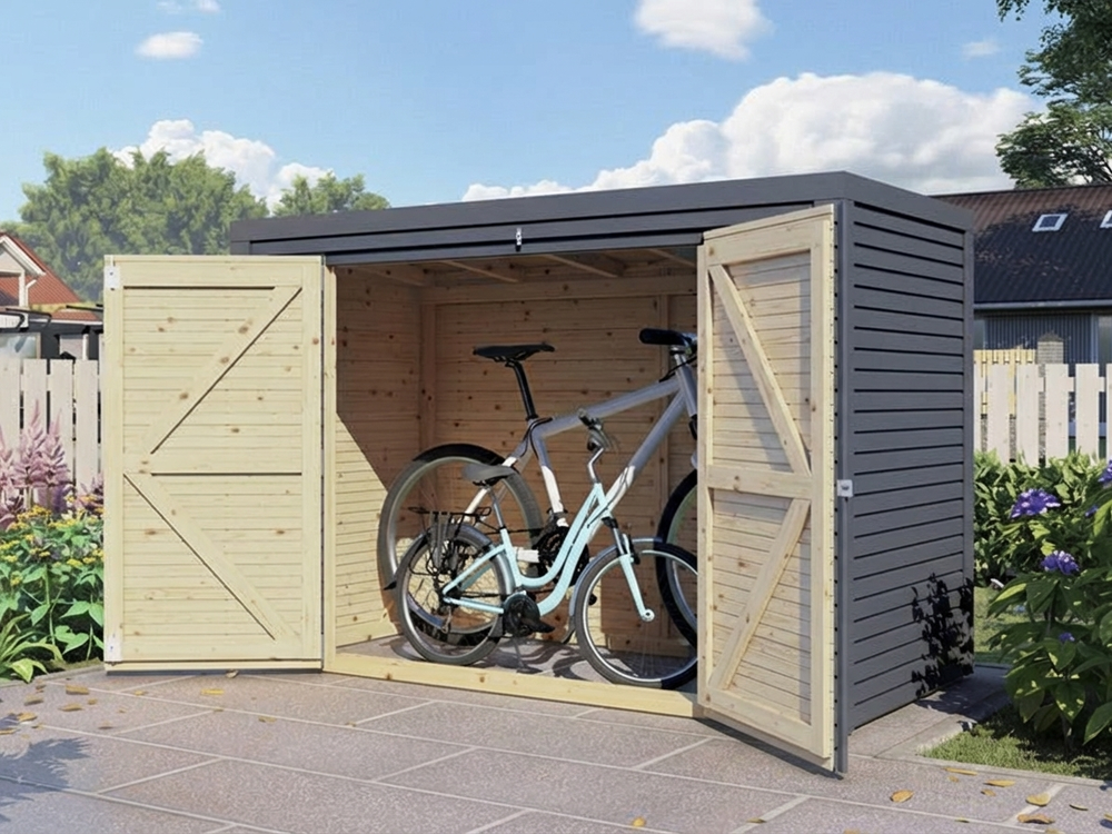 Wooden bike shed in anthracite, made from Nordic spruce for outdoor storage - product detail