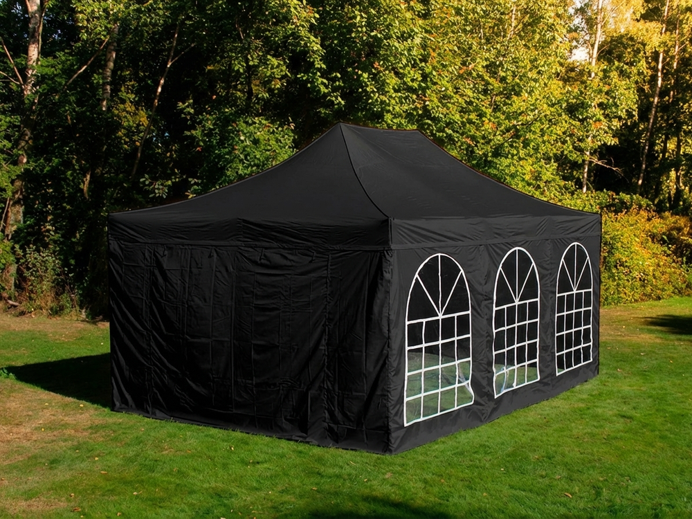 Black pop-up gazebo 3x4.5m with steel frame for outdoor use