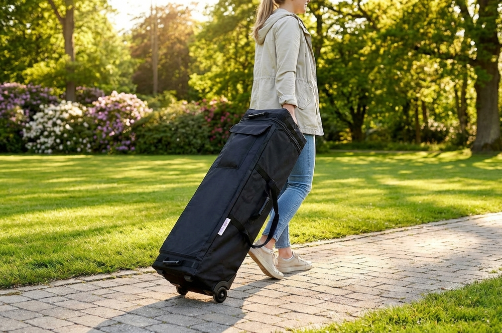Black carry bag with wheels for easy transportation