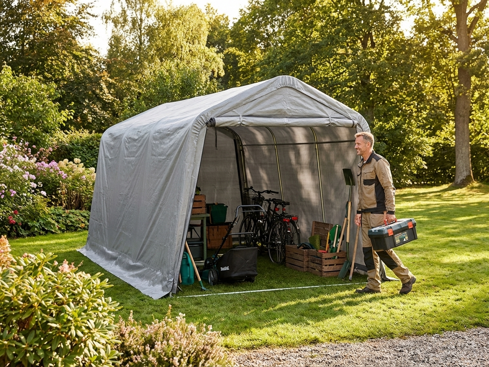 Grey storage tent 2.4x6m with PE tarpaulin and steel frame - view 3