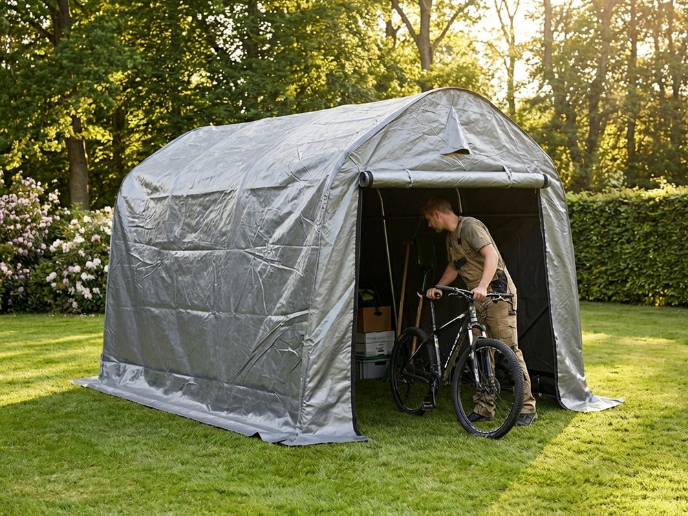 Grey storage tent 2x3x2 m with PE tarpaulin and steel frame