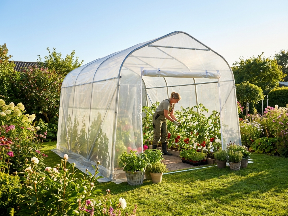 Polytunnel greenhouse with transparent cover and galvanised steel frame - view 3