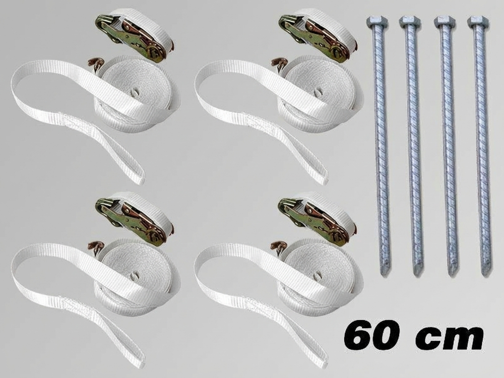 Storm safety pack with white pegs and straps for outdoor use