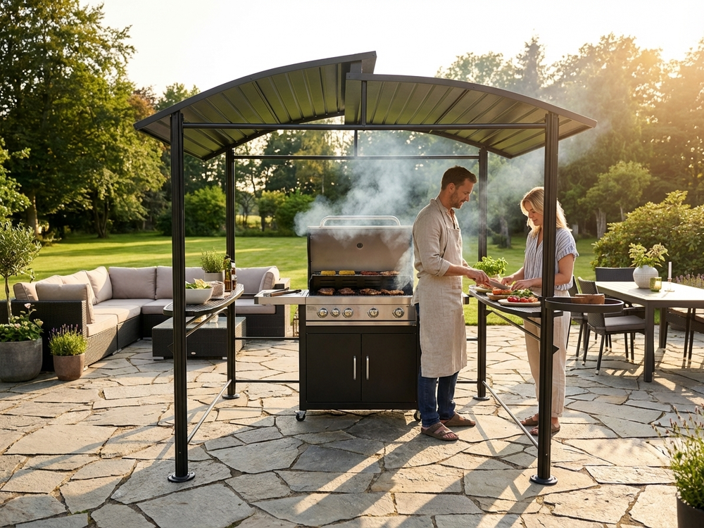 Black barbecue pavilion with galvanised steel roof for outdoor use - view 3