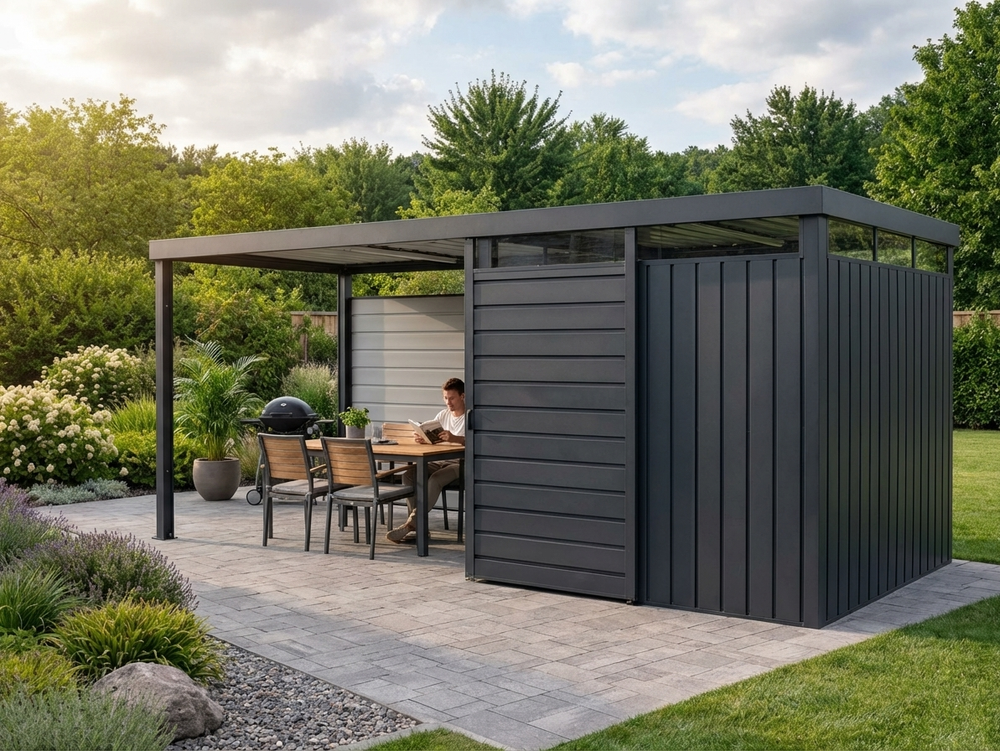 Garden shed extension in anthracite made from galvanised steel