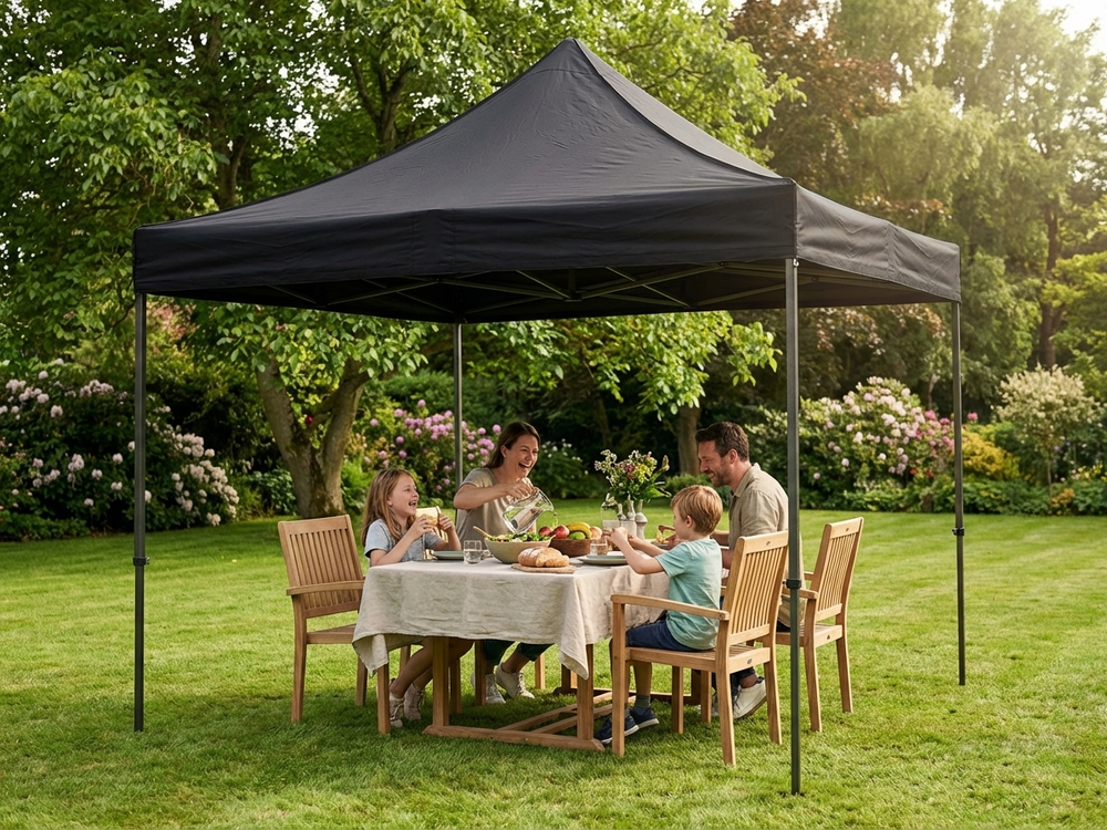 Black pop-up gazebo with steel frame for outdoor events