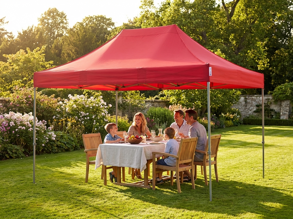 Red pop up gazebo with steel frame for outdoor events
