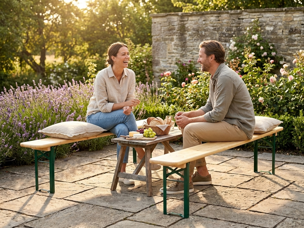 Wooden bench in light wood colour with pinewood and steel frame