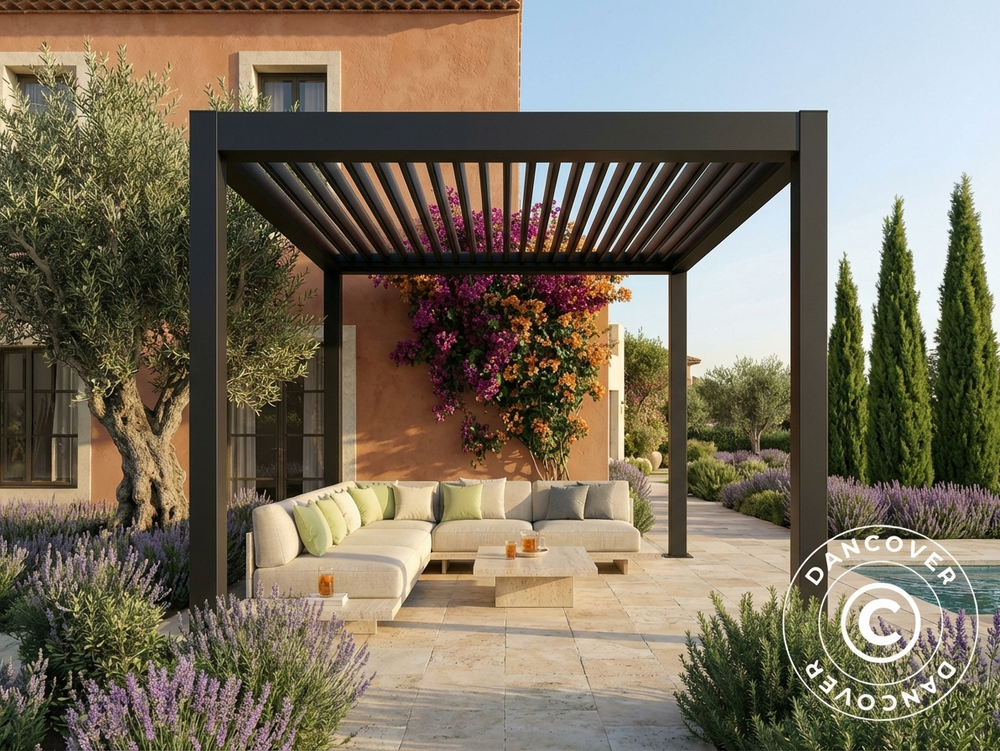 Bioclimatic pergola gazebo in black, 3x3 meters, galvanised steel