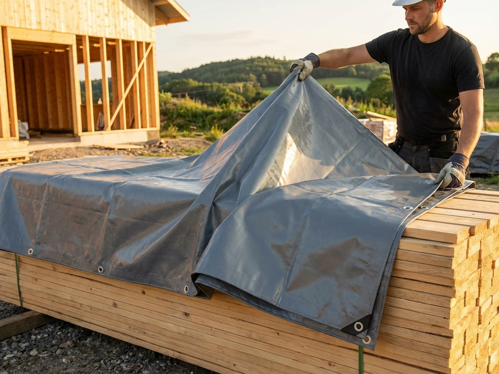 PVC tarpaulin in grey, 8x10 m, flame retardant for industrial use