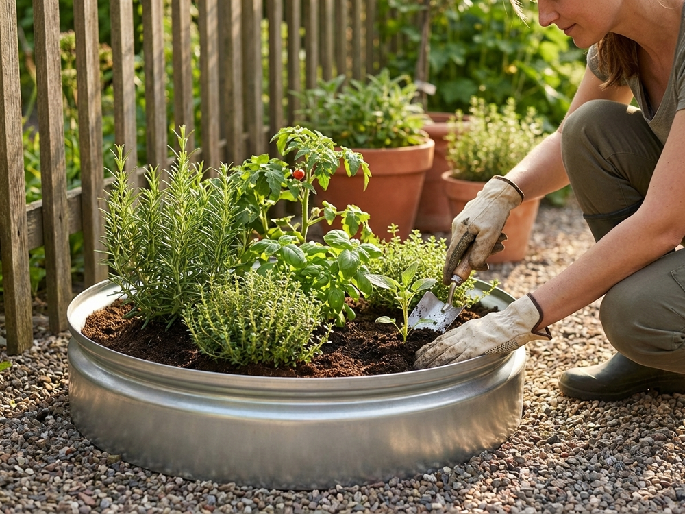 Round raised garden bed in silver made of galvanised steel