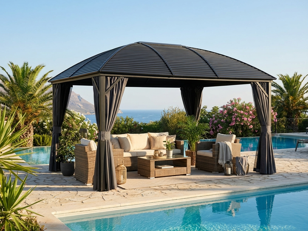 Black aluminium gazebo 3x4m with curtains and mosquito net - product detail