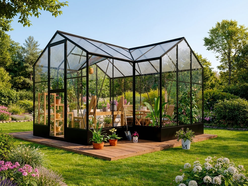 Polycarbonate greenhouse with black aluminium frame and tempered glass walls